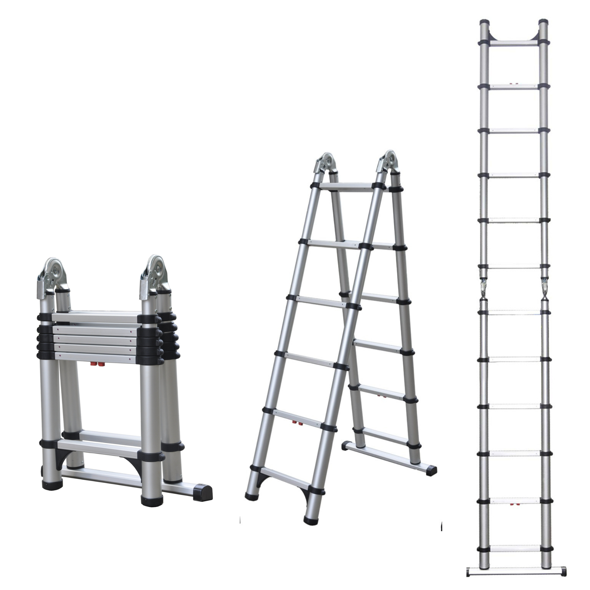Telesteps 612TC shown closed, as an A-frame ladder, and as an extension ladder